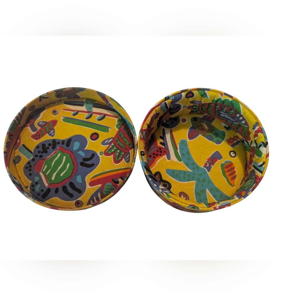 Vintage Yellow Ocean Fish Print Fabric Round Trinket Box Storage